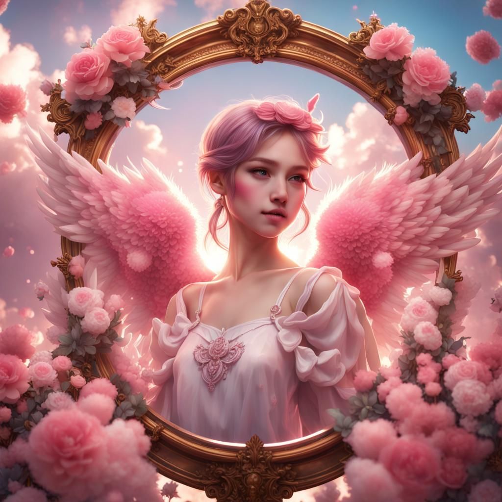 K-Pop Angel Girl in Mirror with Wings