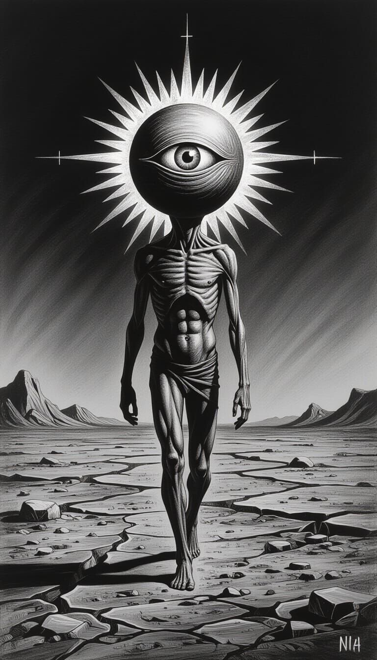 Monochromatic Charcoal Figure on Alien Landscape in Cosmic H...