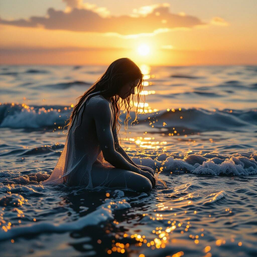 Figure Merging With Ocean Waves in Golden Hour Light