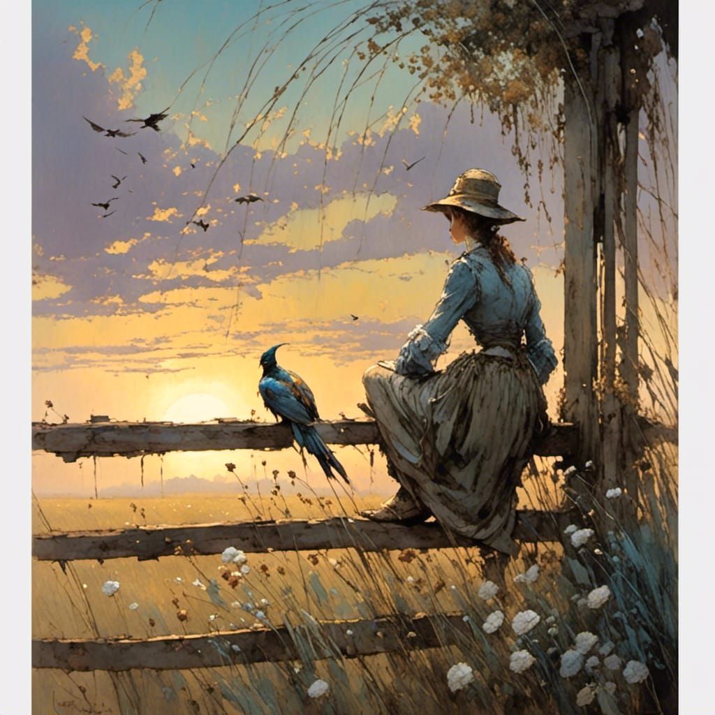 Whimsical Sunset Field Scene in Line and Wash