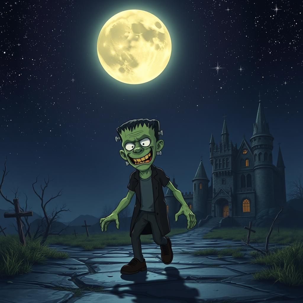 Endearing Teen Frankenstein Leaving Castle Under Moonlight