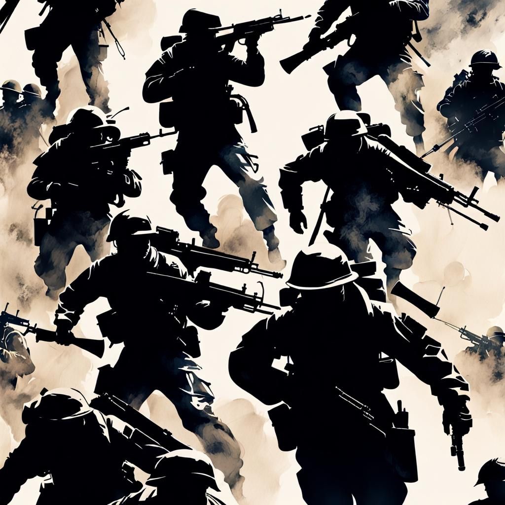 Soldiers Emerging from Smoke: Minimalist Silhouette Art