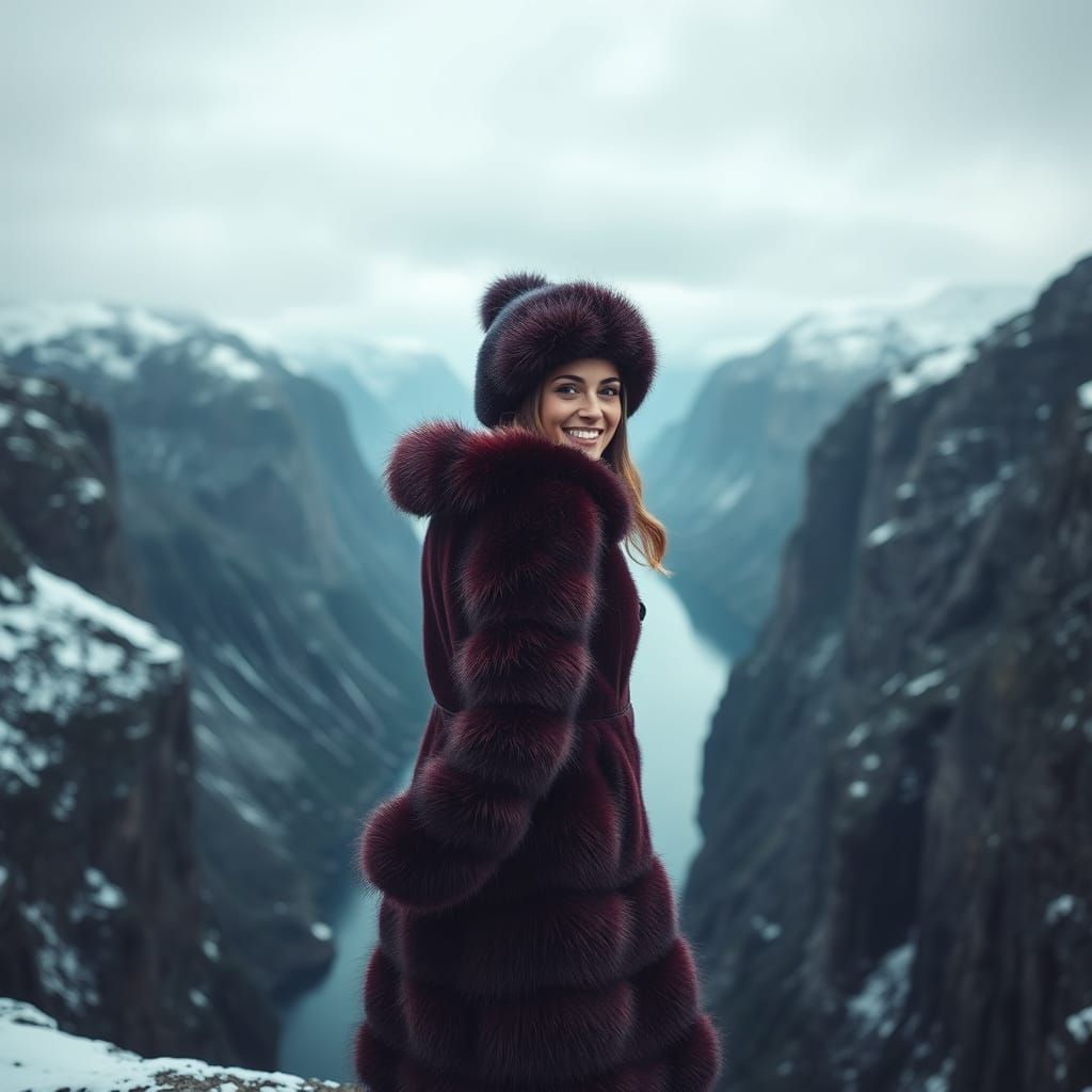 Hyperrealistic Woman Stands at Norwegian Fjord's Edge