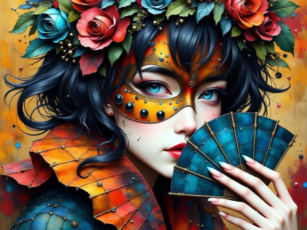 Anime Woman with Mask and Fan in Impasto Style