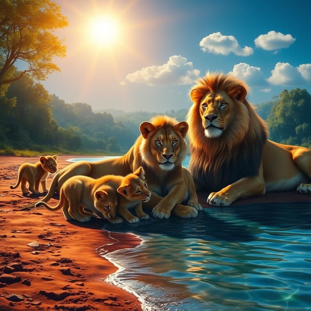 Lion Families at Water's Edge in Hyperrealistic Style