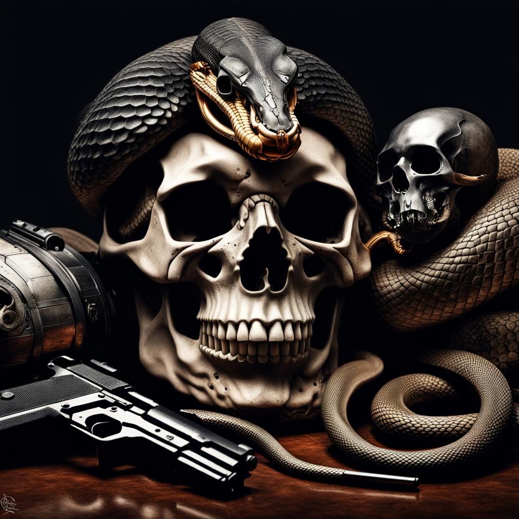 Hyperrealistic Cobra Wrapped Around Skull with Gun