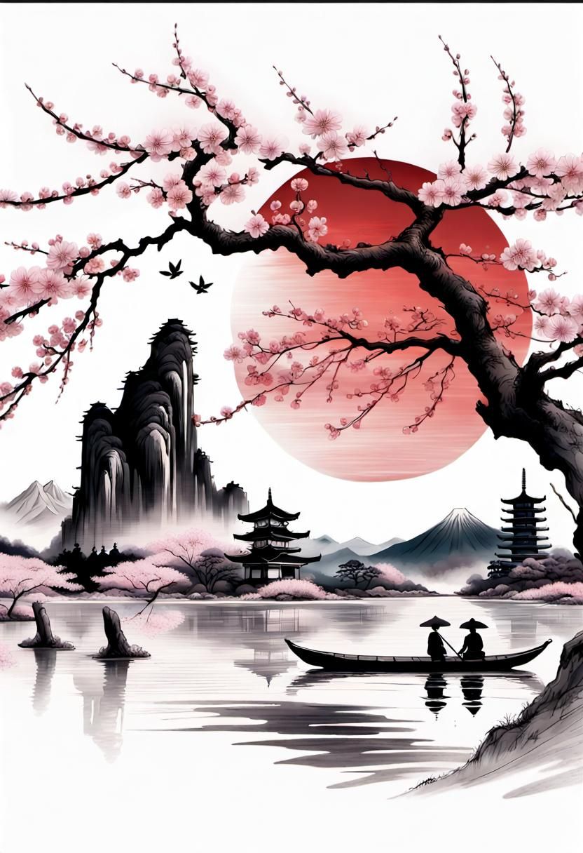 Japanese Ink Drawing with Cherry Blossoms and Pagodas