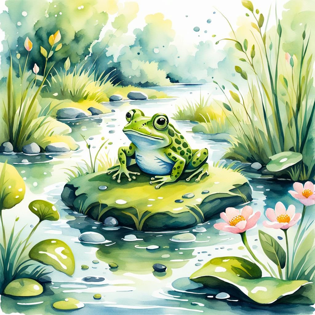 Whimsical Frog Fishing in Watercolor Stream