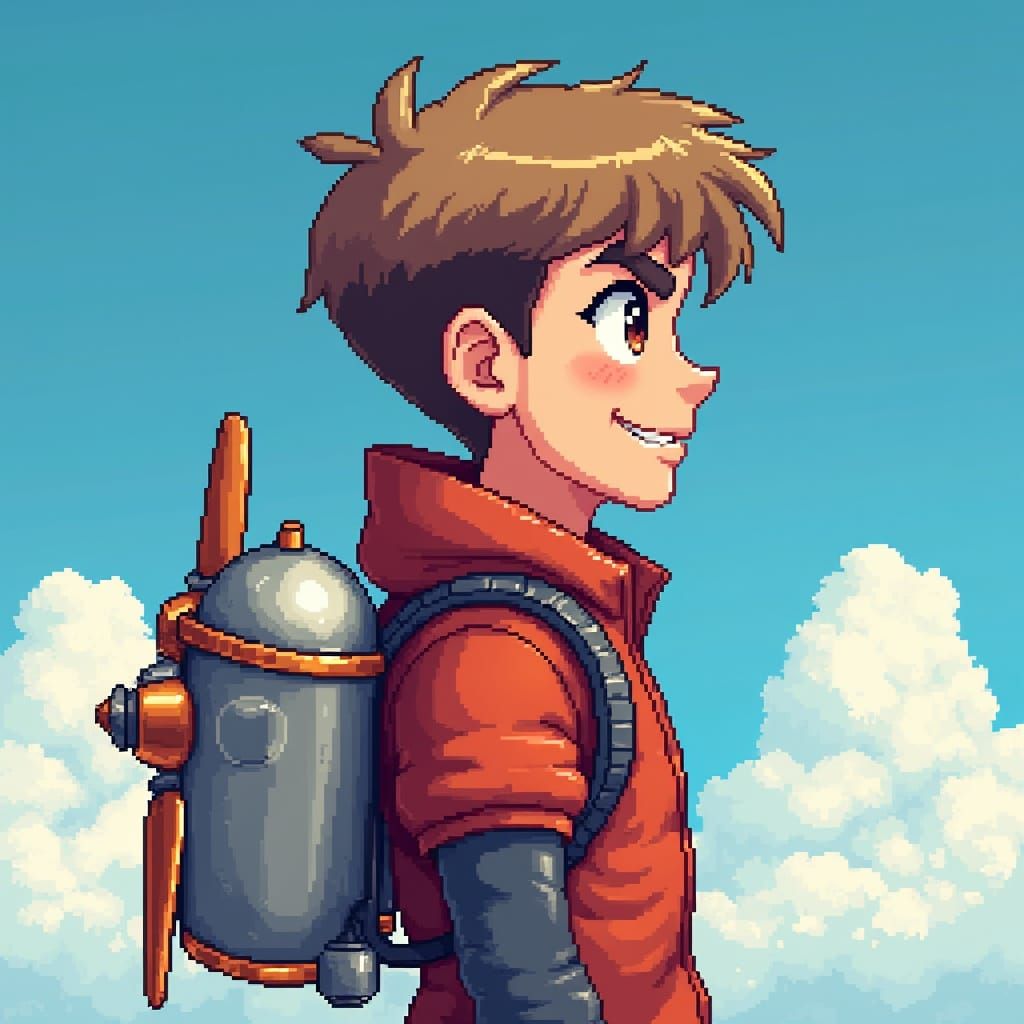 Vibrant 8-Bit Hero in Metallic Jetpack