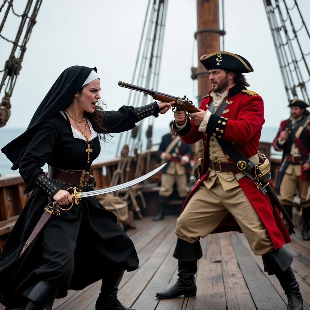 Nun Pirate Battles Soldier in Cinematic Film Still