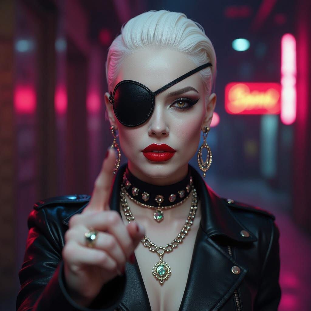 Albino Woman with Eyepatch in Dystopian Futurism Style
