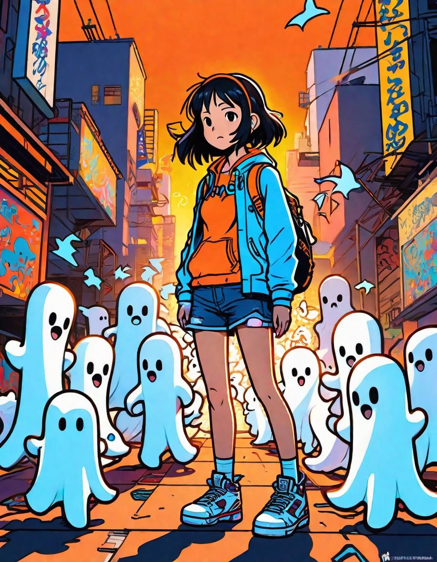 Anime Girl Surrounded by Ghosts: Doodle Illustration