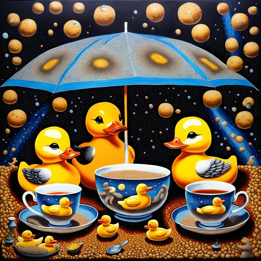 Surreal Oil Painting of Philosophical Teacups and Rubber Duc...
