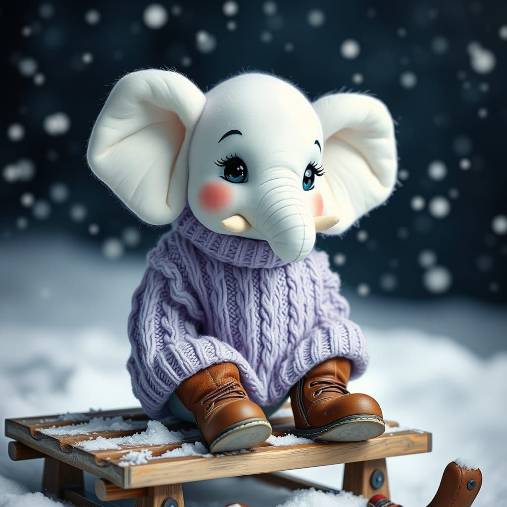 Baby Elephant in Lilac Sweater Plays in the Snow