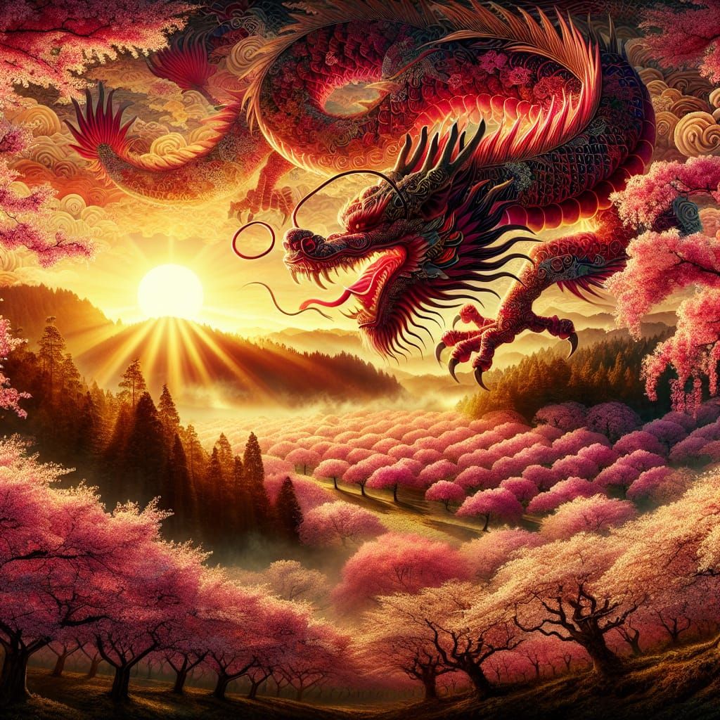 Majestic Dragon Soaring Over Cherry Blossoms
