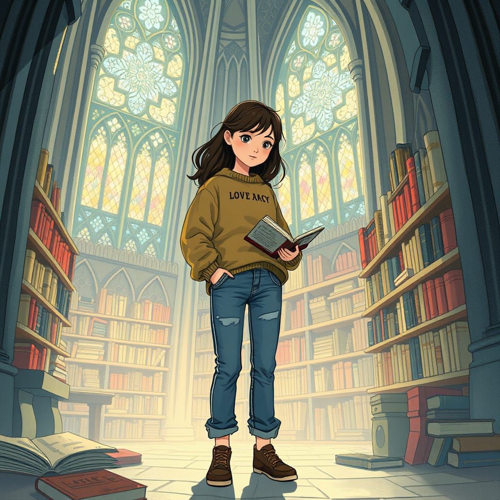 Girl Discovers Magical Library in Gothic Cathedral