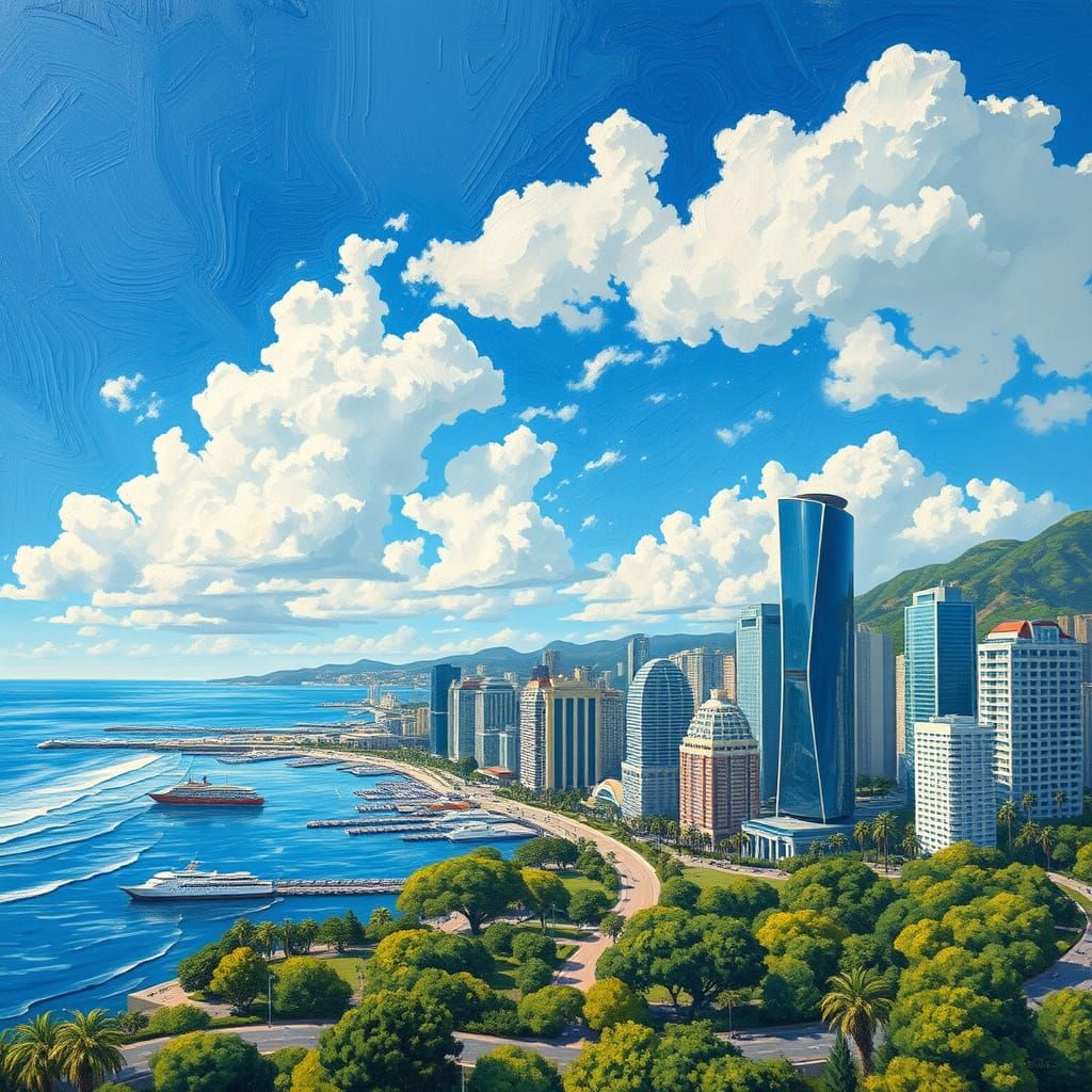 Surreal Oceanfront Metropolis in 19th-Century Impasto Style