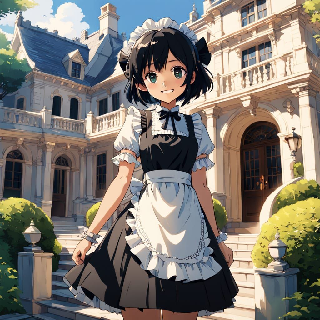 Anime Girl in Elegant Mansion Entrance