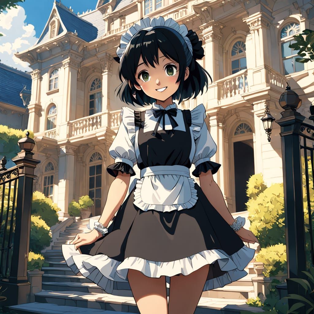 Anime Girl Greets in Elegant Studio Ghibli Style Mansion