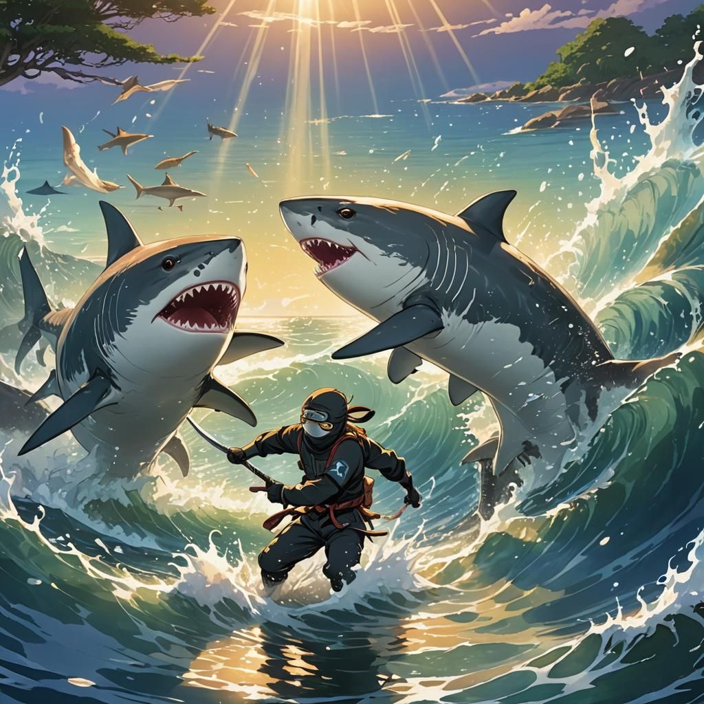 Ninja Battles Shark in Vibrant Ocean Cove