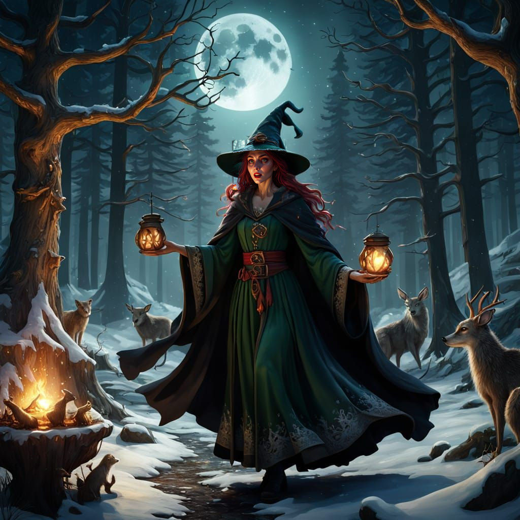 Enchanted Winter Witch Dances Under Full Moon