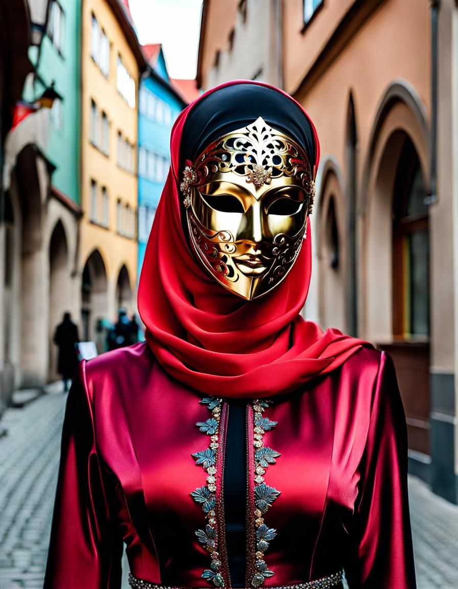 Hijabi Woman with Metal Mask in Cityscape