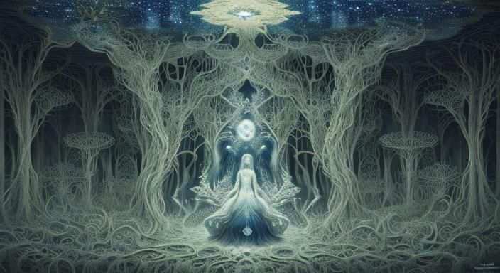 Eerie Ghostly Figure in Surreal Starry Landscape