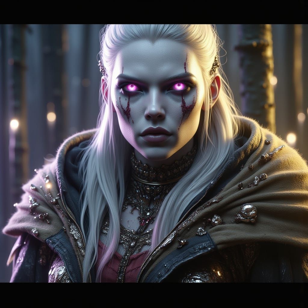 Stunning Half-Orc Woman with Pink Eyes in Dark Fantasy Style