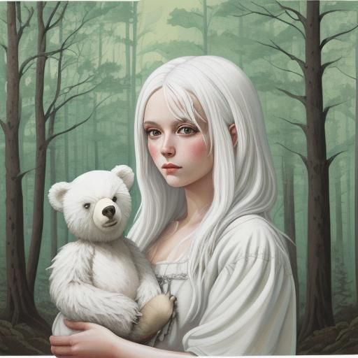 Girl with Bear: Detailed Gouache Painting