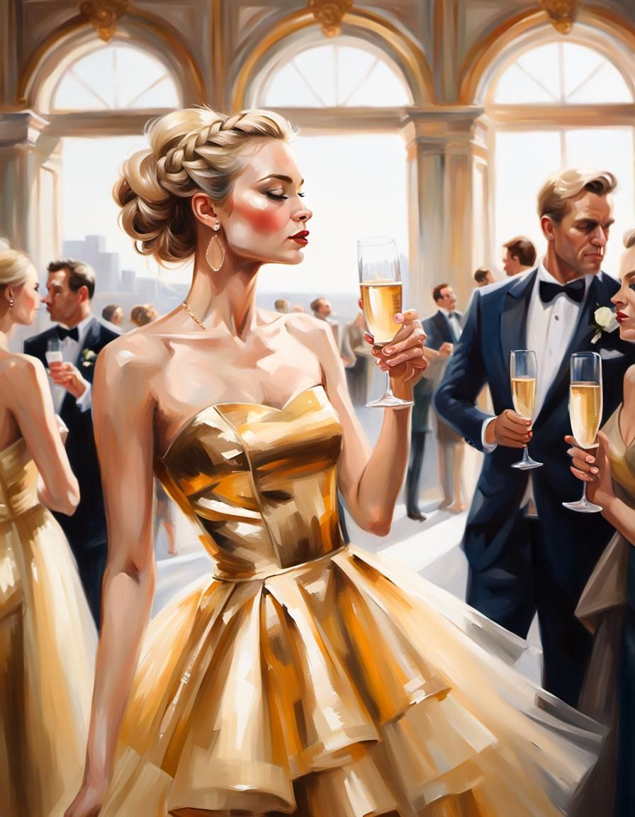 Blonde Woman at Wedding: Photorealistic Oil Painting