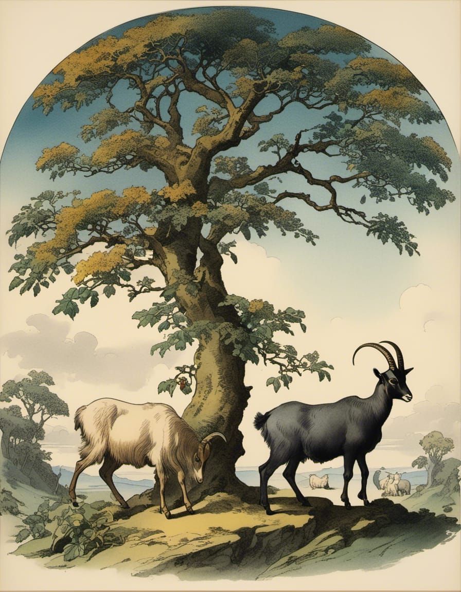 Majestic Goat Under Tree in Vintage Ink Drawing