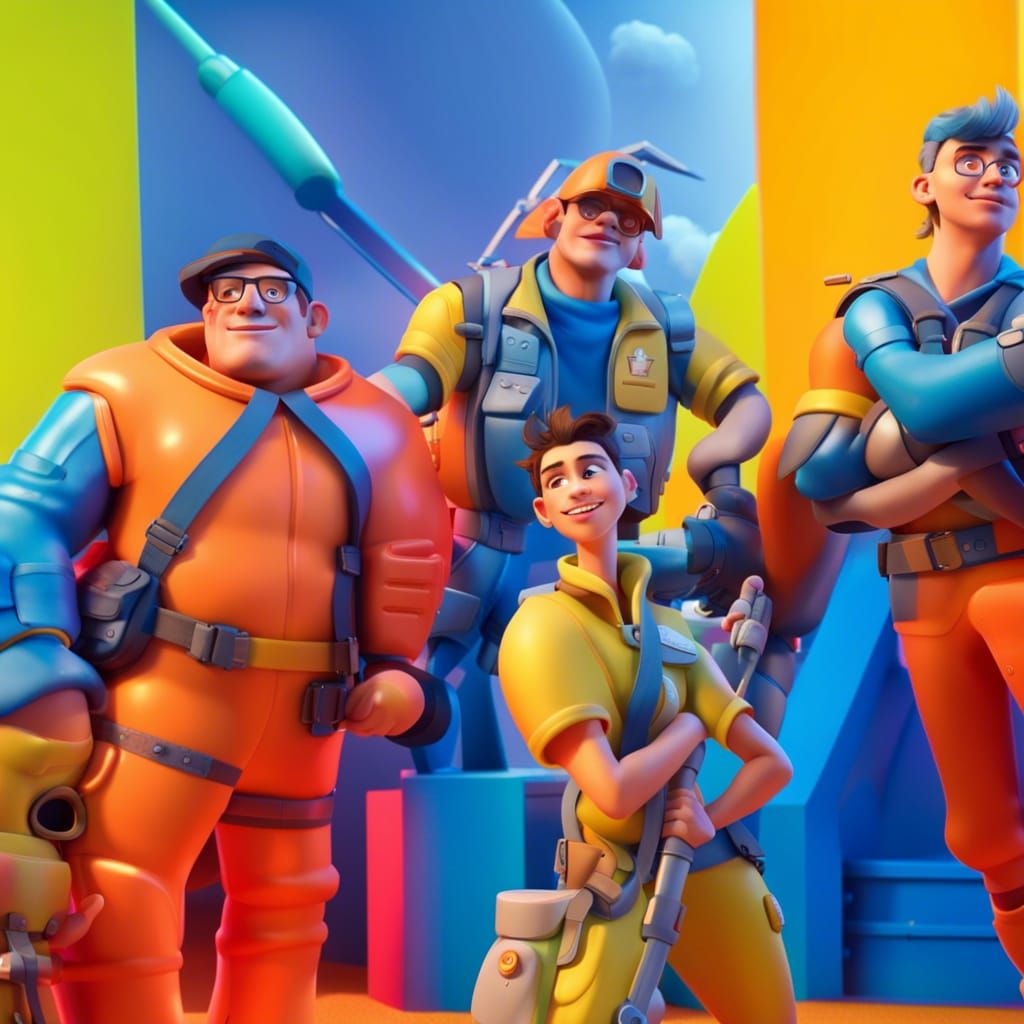 Friends Repairing Aircraft: Pixar-Style 3D Art