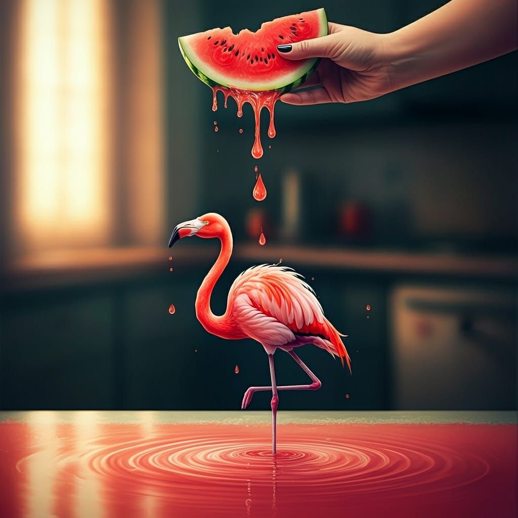 Watermelon and Flamingo in Dreamy Surrealism