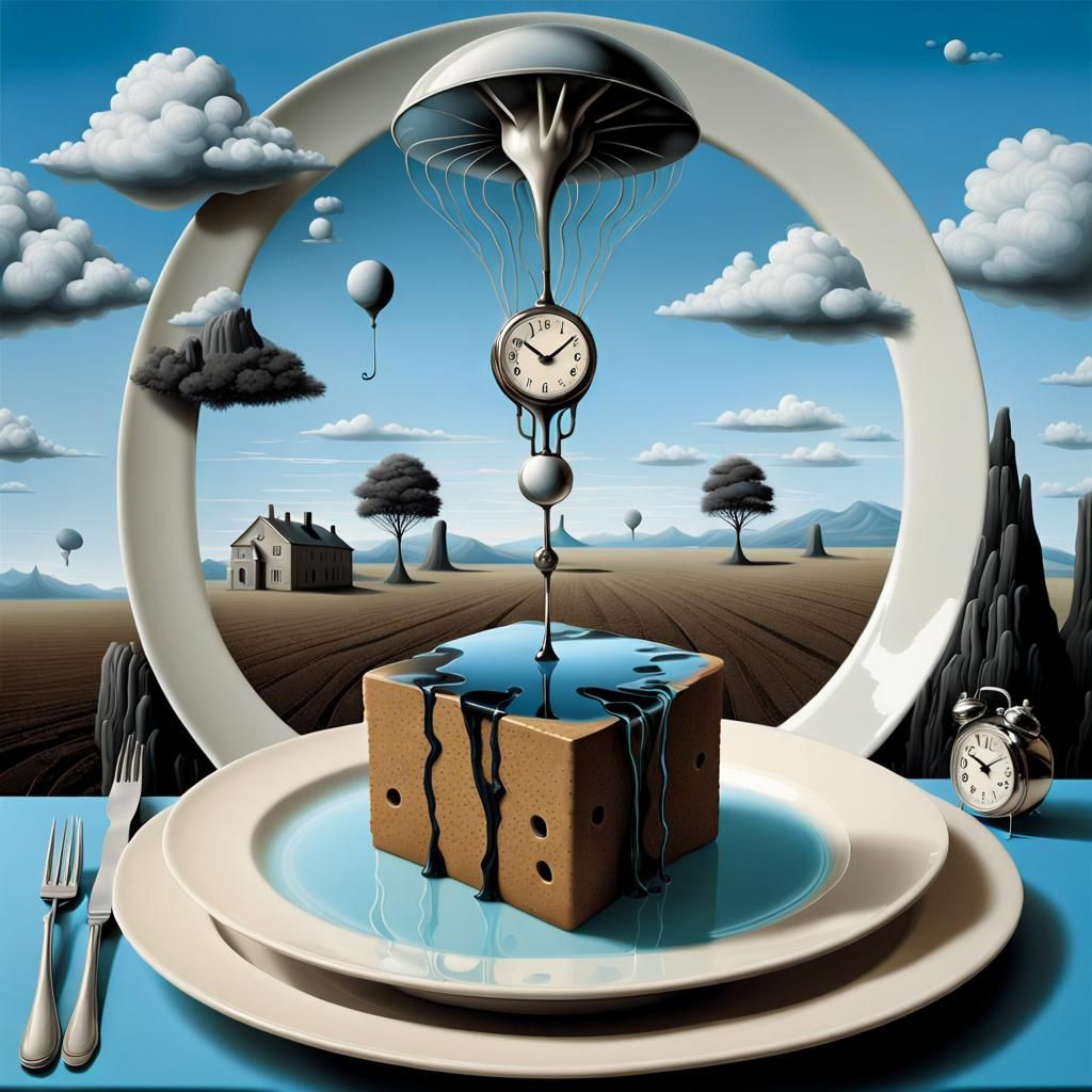 Surreal Dreamscape with Melting Clocks and Talking Plates