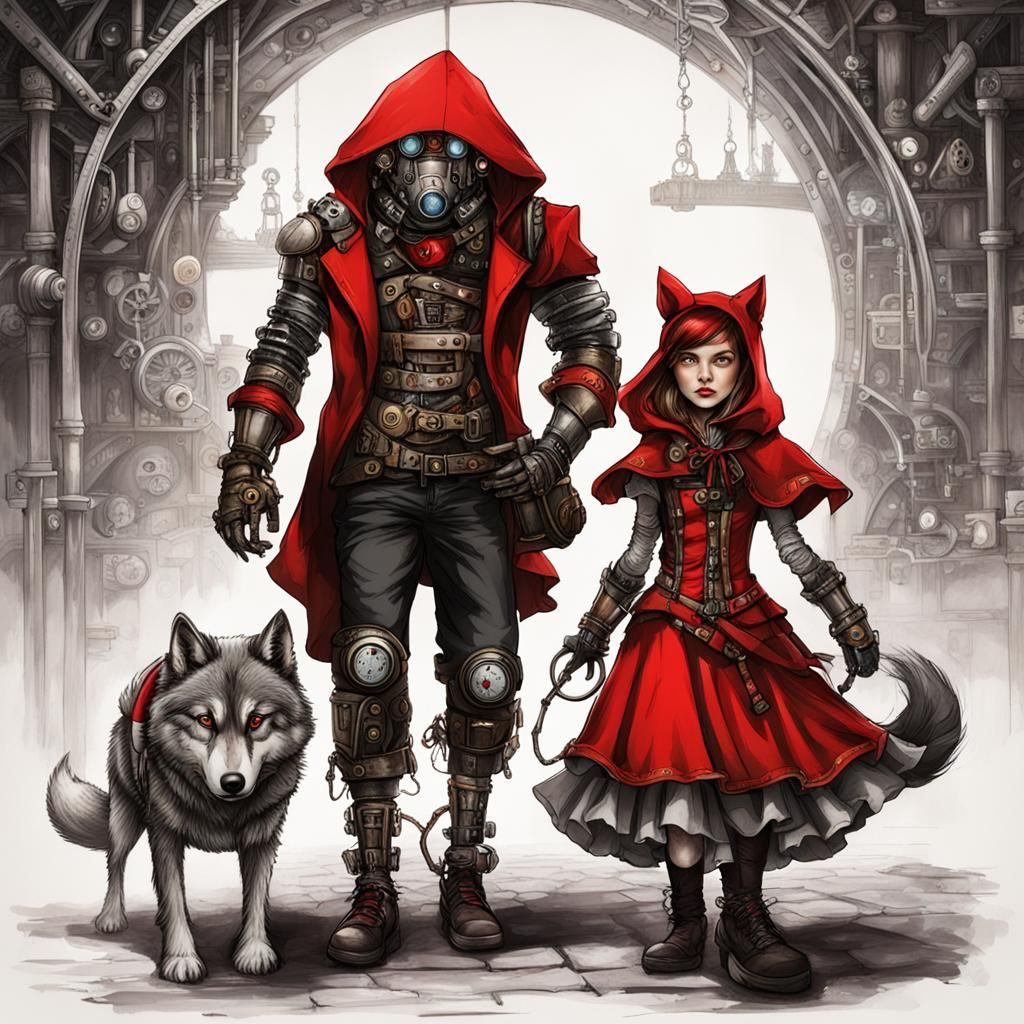 Steampunk Little Red Riding Hood and Cyborg Wolf