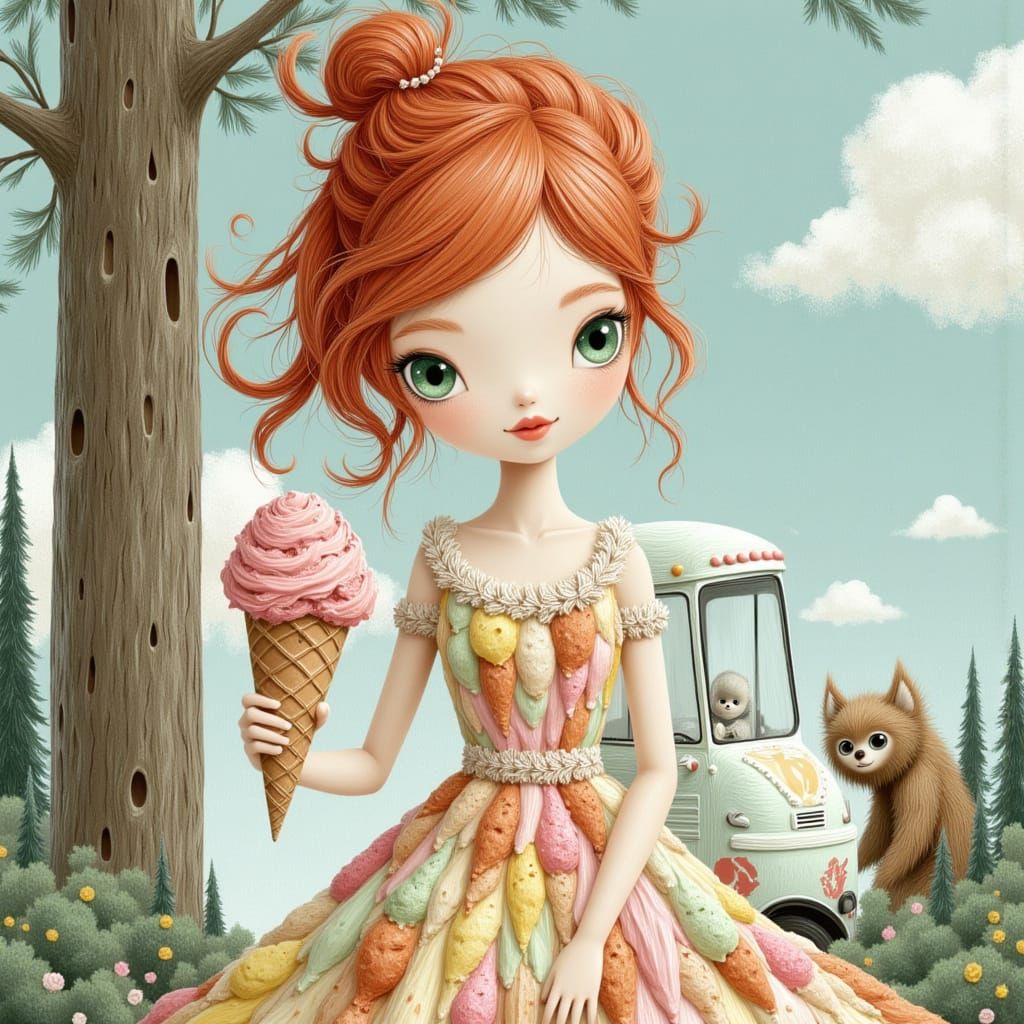 Woman with Fiery Red Hair and Ice Cream