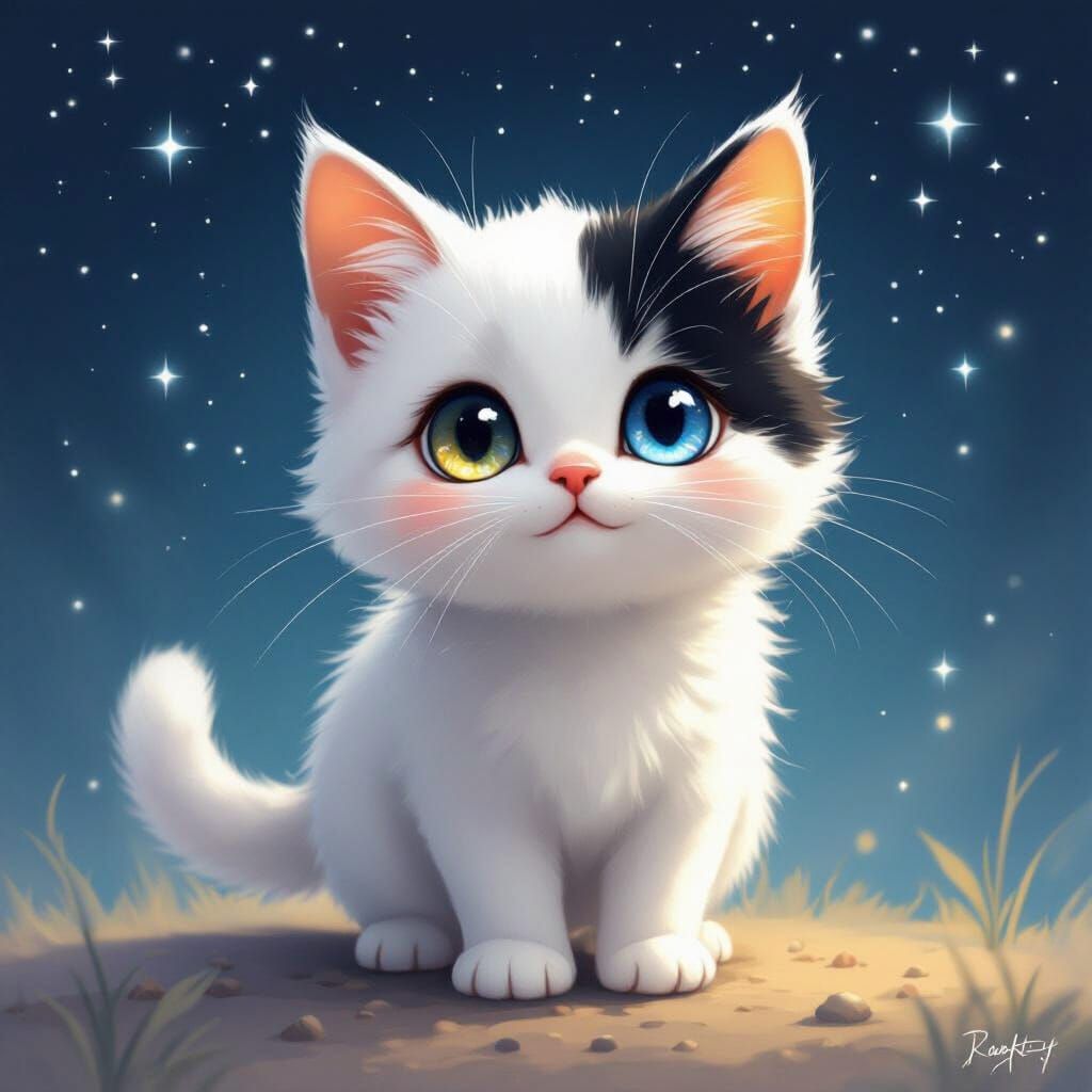 Adorable White Cat with Starry Blue Eyes in Realistic Style