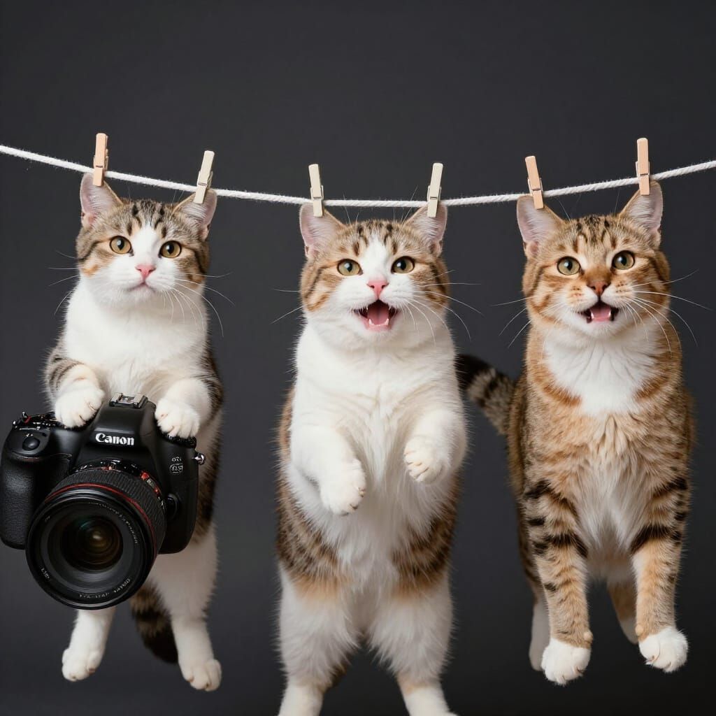 Happy Cats Play on Clothesline in Studio Portrait
