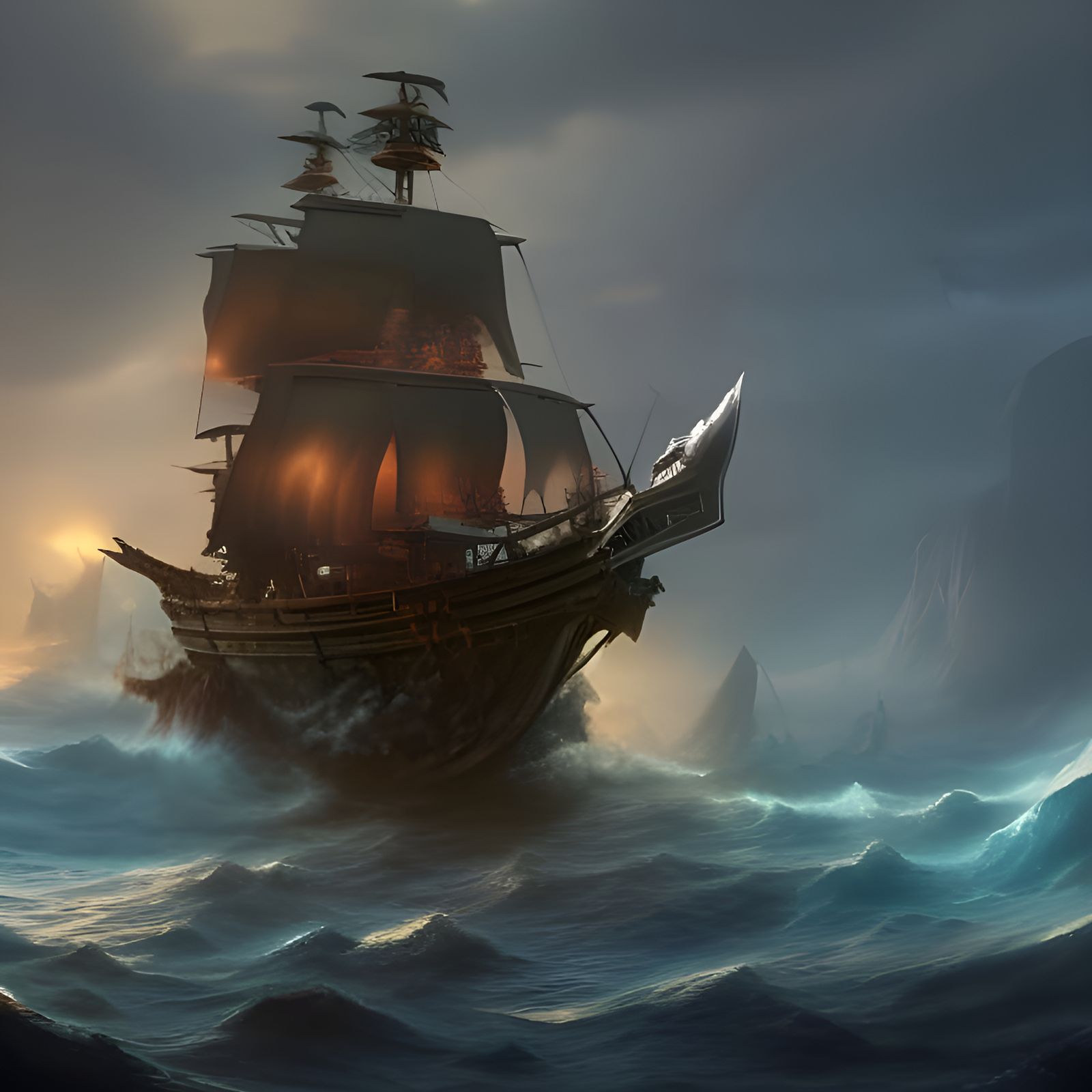 Pirate Ship with Octopus Captain on Stone Sea