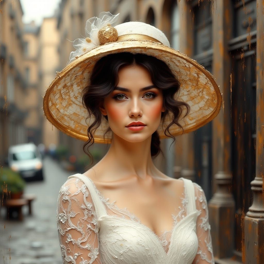 Elegant Lady in Lace Dress and Hat