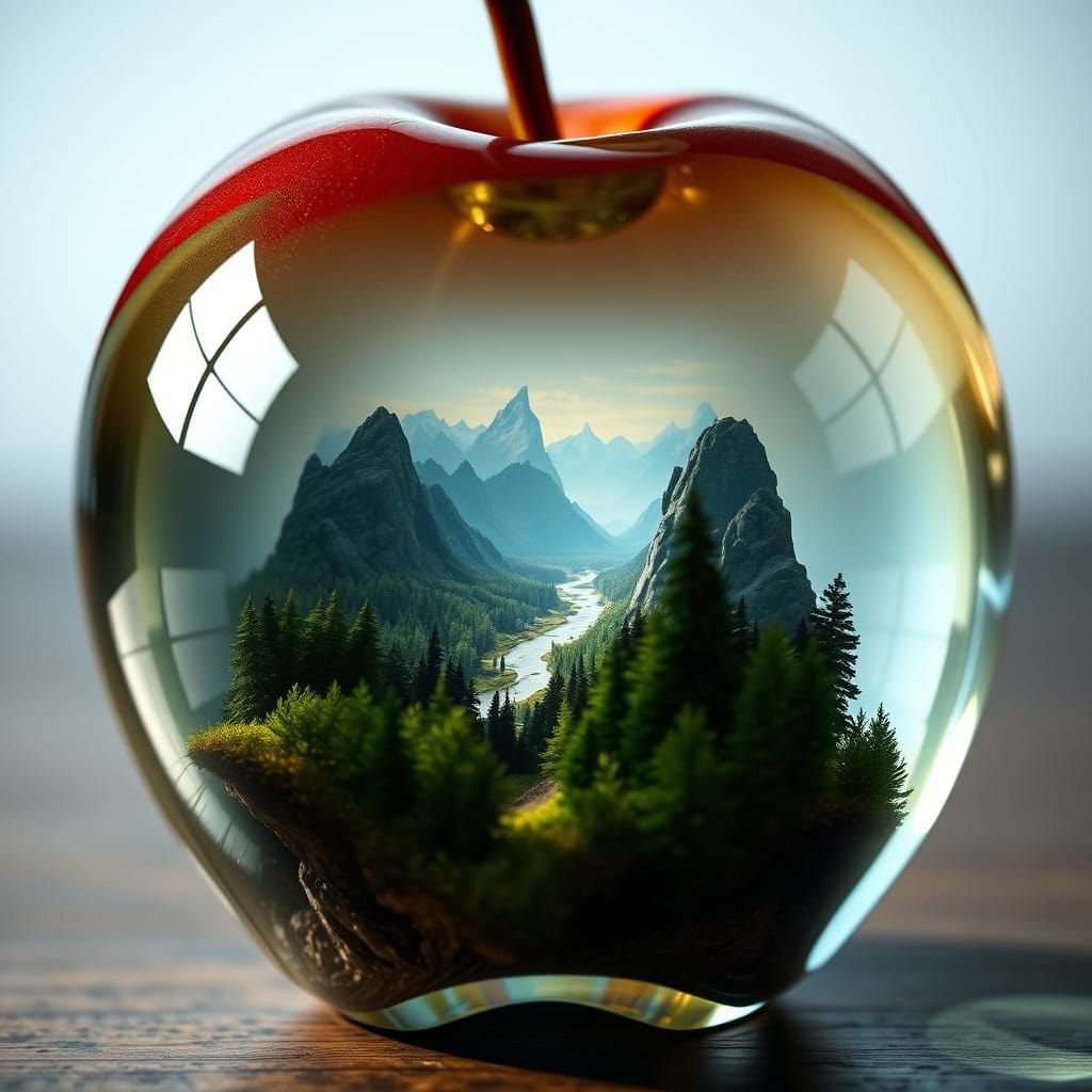 Crystal Apple Reflecting a Magical Miniature Landscape