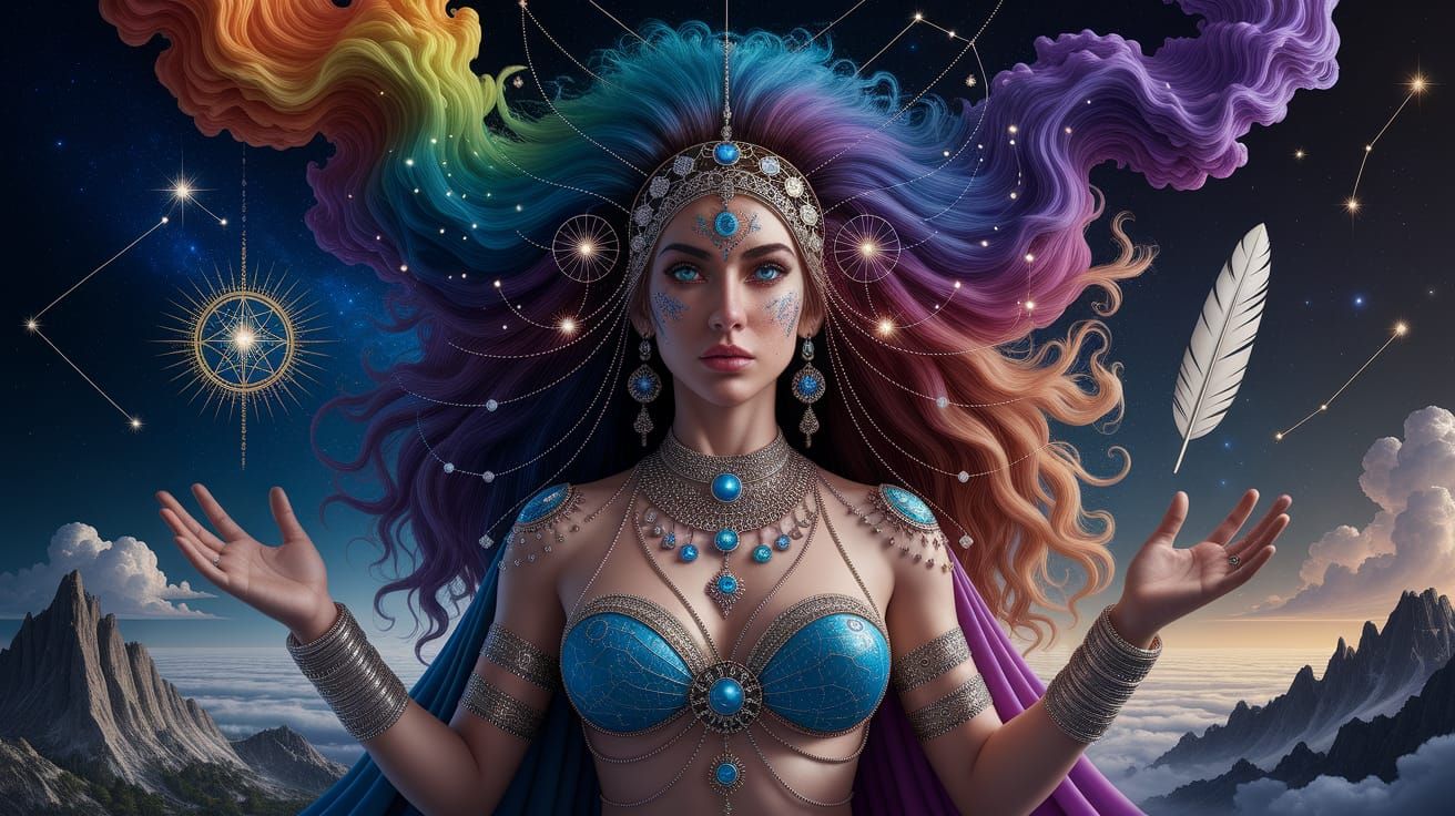 Cosmic Shamaness with Smoke Hair and Celestial Ornaments