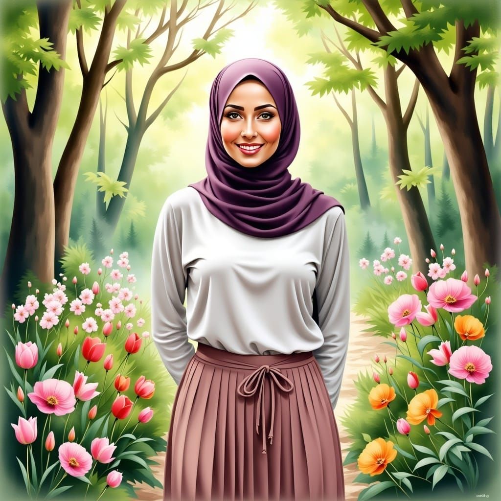 Beautiful Woman in Hijab in Watercolor Style