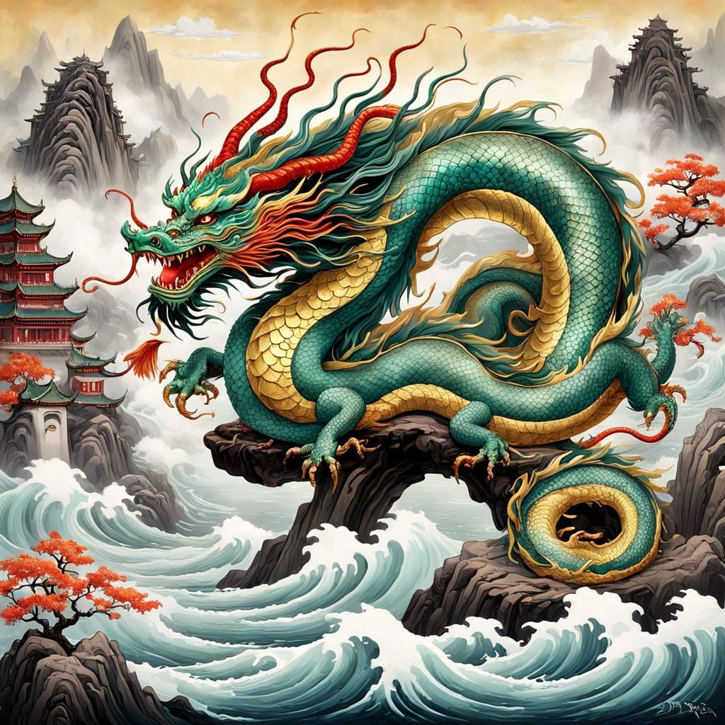 Gilded Chinese Dragon Soars Above Turbulent Waves