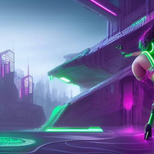 Cyberpunk Woman with Green Accents: Detailed Art