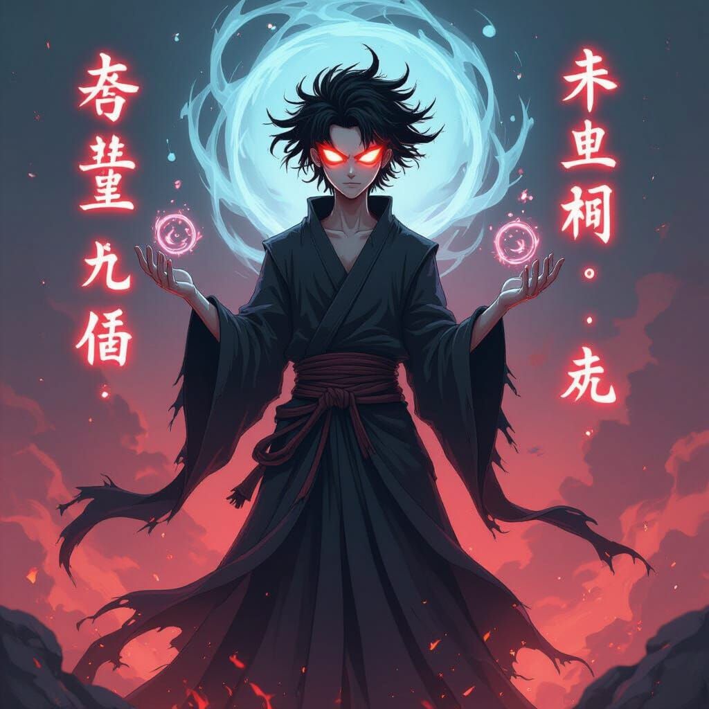 Mystic Villain Surrounded by Dark Energy in Anime Style
