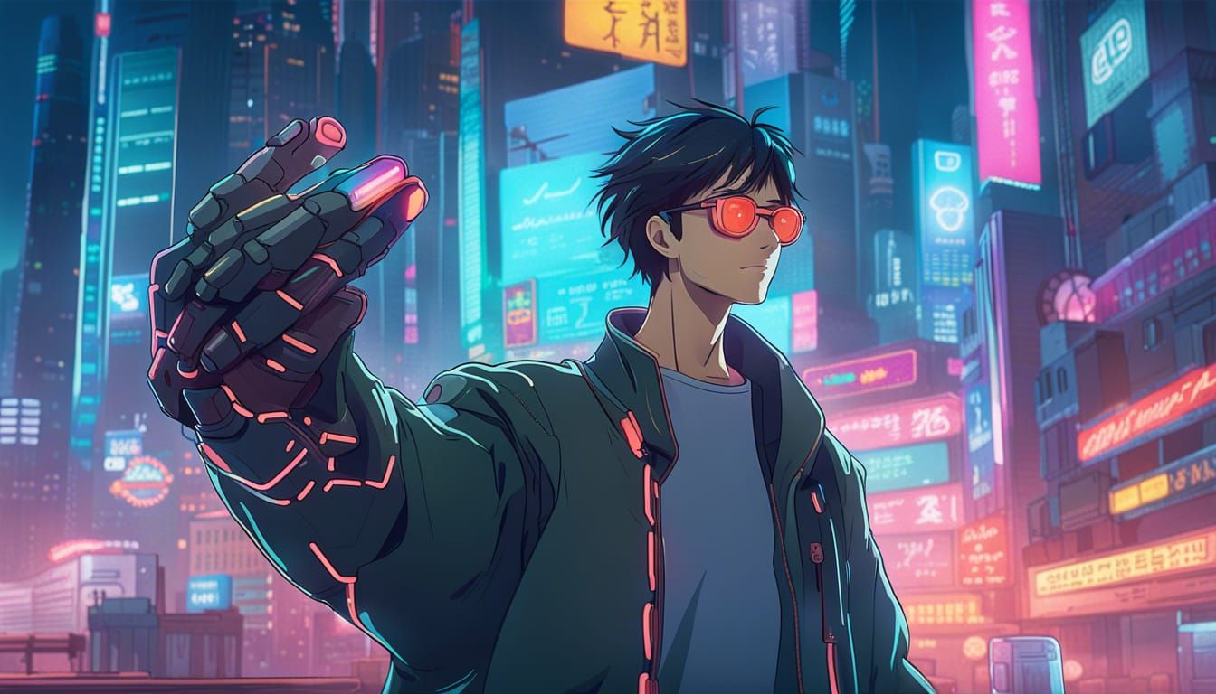 Cyberpunk Anime Character with Energy and Robotic Arm