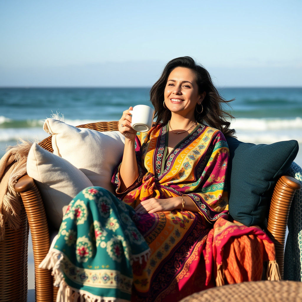 Woman in Jelaba Relaxing by the Sea