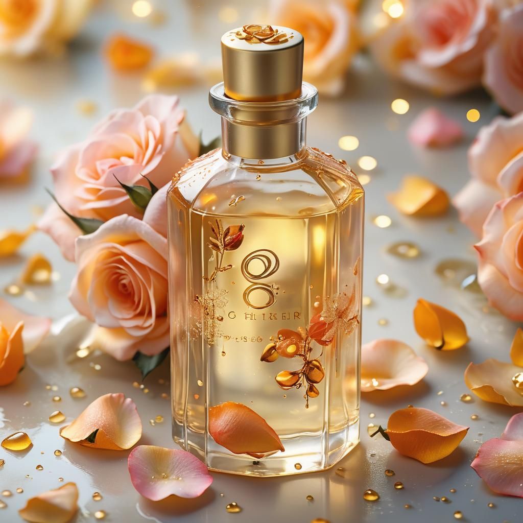 Golden Lit Rose Petals and Elixir Bottles