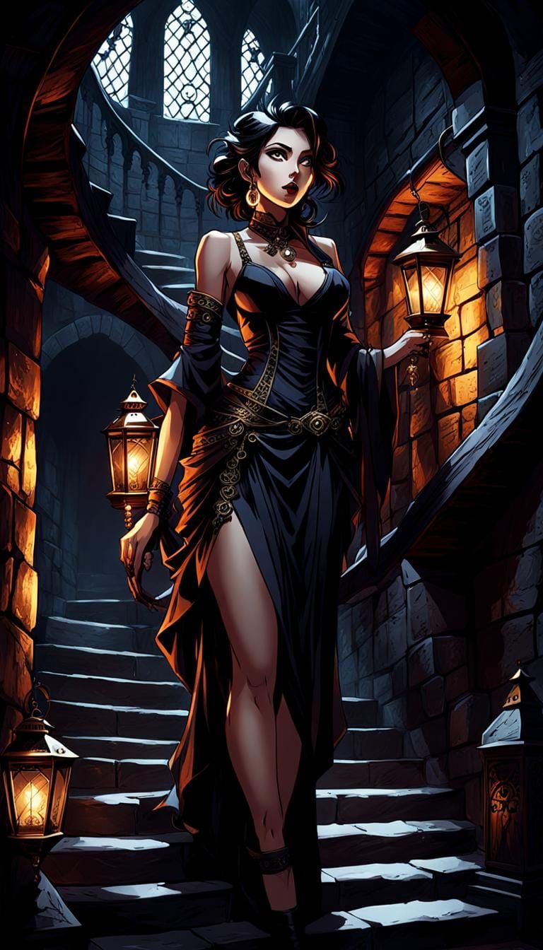 Grim Beauty Carries Man Up Gothic Stairs